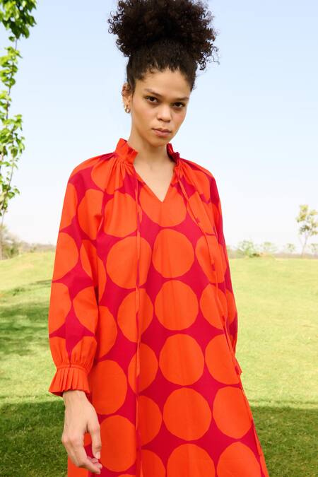 Shop_RAAS LIFE_Red Linen, Cotton V-neck Daisy Polka Dot Print Midi Dress _Online_at_Aza_Fashions