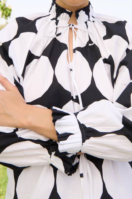 RAAS LIFE Black Linen Cotton Print Polka Dot Pleated High Neck Daisy Midi Dress Online at Aza Fashions RAAS LIFE_Black Linen Cotton Print Polka Dot Pleated High Neck Daisy Midi Dress _Online_at_Aza_Fashions