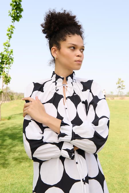 Buy RAAS LIFE Black Linen Cotton Print Polka Dot Pleated High Neck Daisy Midi Dress Online at Aza Fashions Buy_RAAS LIFE_Black Linen Cotton Print Polka Dot Pleated High Neck Daisy Midi Dress _Online_at_Aza_Fashions