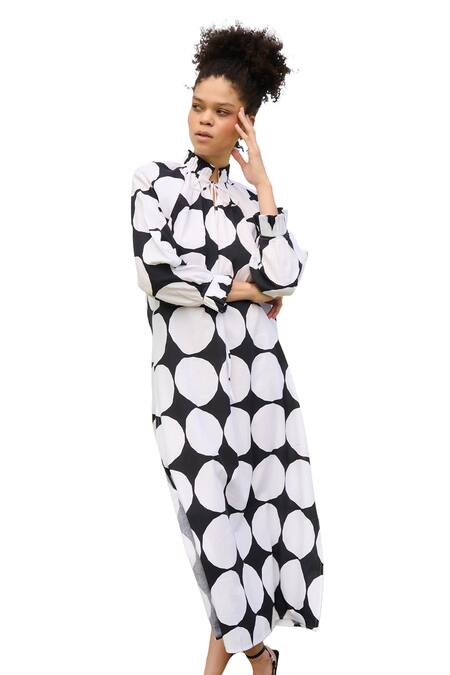 Shop RAAS LIFE Black Linen Cotton Print Polka Dot Pleated High Neck Daisy Midi Dress Online at Aza Fashions Shop_RAAS LIFE_Black Linen Cotton Print Polka Dot Pleated High Neck Daisy Midi Dress _Online_at_Aza_Fashions