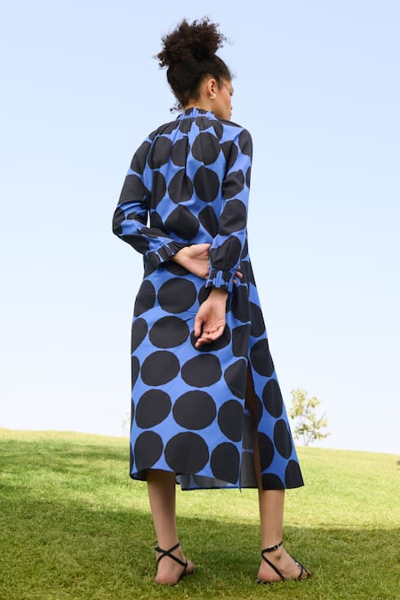Shop_RAAS LIFE_Black Linen Cotton Print Polka Dot Pleated High Neck Daisy Maze Midi Dress _at_Aza_Fashions