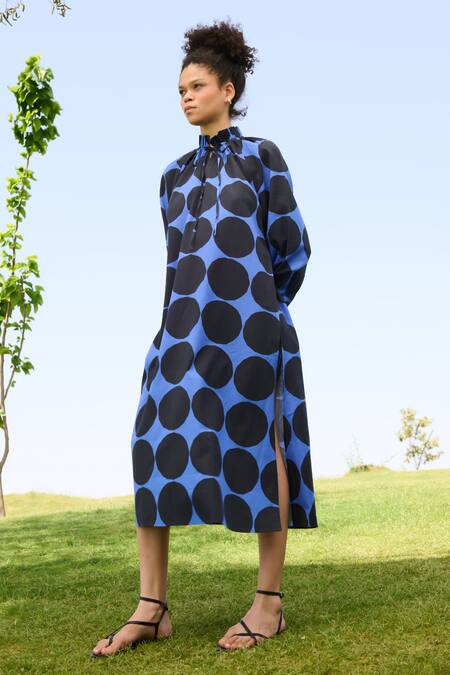 RAAS LIFE_Black Linen Cotton Print Polka Dot Pleated High Neck Daisy Maze Midi Dress _Online_at_Aza_Fashions