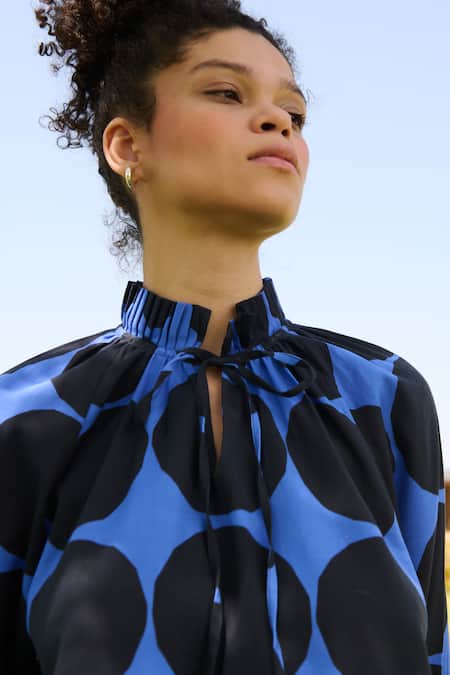 Buy_RAAS LIFE_Black Linen Cotton Print Polka Dot Pleated High Neck Daisy Maze Midi Dress _Online_at_Aza_Fashions