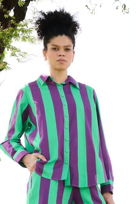 Shop RAAS LIFE Purple Linen Cotton Print Stripe Collar Neck Diana Shirt With Shorts Online at Aza Fashions Shop_RAAS LIFE_Purple Linen Cotton Print Stripe Collar Neck Diana Shirt With Shorts _Online_at_Aza_Fashions