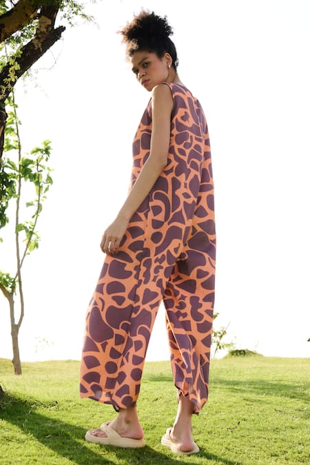 Shop RAAS LIFE Orange Linen Cotton Print Mosaic Bloom Boat Neck Hot Poker Jumpsuit at Aza Fashions Shop_RAAS LIFE_Orange Linen Cotton Print Mosaic Bloom Boat Neck Hot Poker Jumpsuit _at_Aza_Fashions