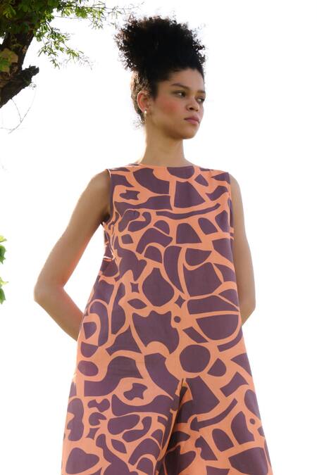 RAAS LIFE Orange Linen Cotton Print Mosaic Bloom Boat Neck Hot Poker Jumpsuit Online at Aza Fashions RAAS LIFE_Orange Linen Cotton Print Mosaic Bloom Boat Neck Hot Poker Jumpsuit _Online_at_Aza_Fashions