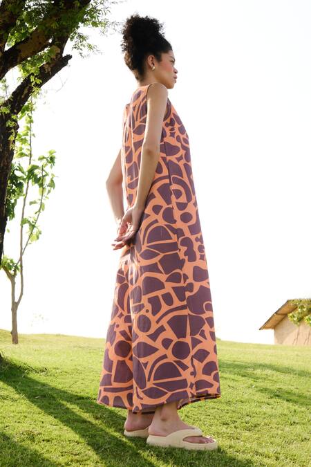 Buy RAAS LIFE Orange Linen Cotton Print Mosaic Bloom Boat Neck Hot Poker Jumpsuit Online at Aza Fashions Buy_RAAS LIFE_Orange Linen Cotton Print Mosaic Bloom Boat Neck Hot Poker Jumpsuit _Online_at_Aza_Fashions