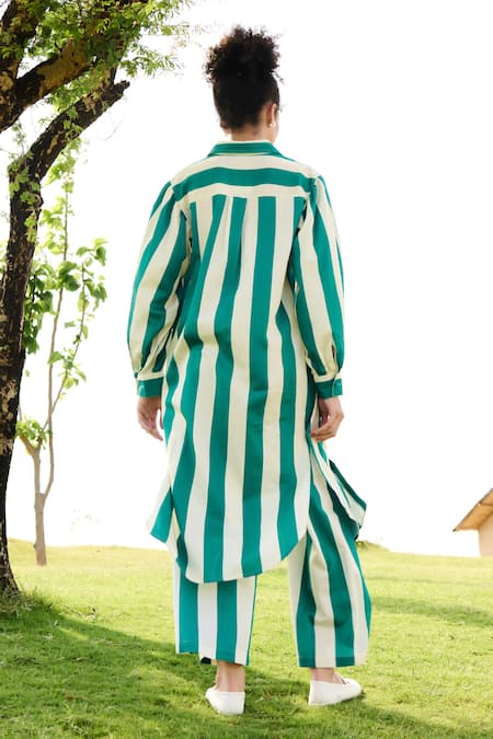 Shop RAAS LIFE Green Linen, Cotton Collared Iris Striped Long Tunic With Pant at Aza Fashions Shop_RAAS LIFE_Green Linen, Cotton Collared Iris Striped Long Tunic With Pant _at_Aza_Fashions