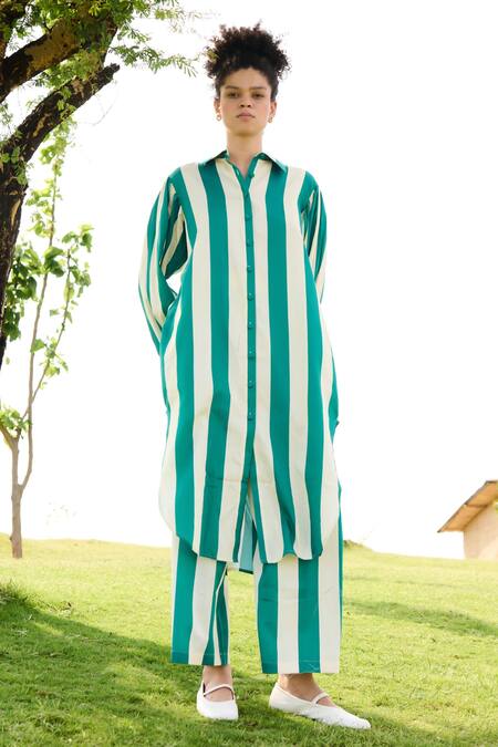 RAAS LIFE Green Linen, Cotton Collared Iris Striped Long Tunic With Pant Online at Aza Fashions RAAS LIFE_Green Linen, Cotton Collared Iris Striped Long Tunic With Pant _Online_at_Aza_Fashions