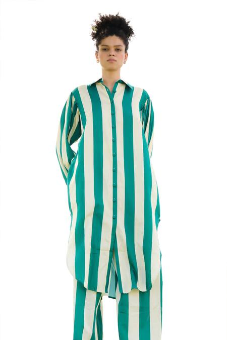 Buy RAAS LIFE Green Linen, Cotton Collared Iris Striped Long Tunic With Pant Online at Aza Fashions Buy_RAAS LIFE_Green Linen, Cotton Collared Iris Striped Long Tunic With Pant _Online_at_Aza_Fashions