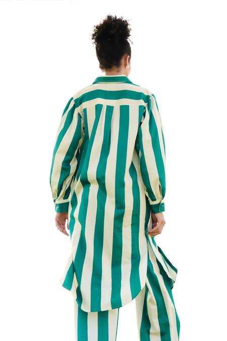 RAAS LIFE Green Linen, Cotton Collared Iris Striped Long Tunic With Pant at Aza Fashions RAAS LIFE_Green Linen, Cotton Collared Iris Striped Long Tunic With Pant _at_Aza_Fashions
