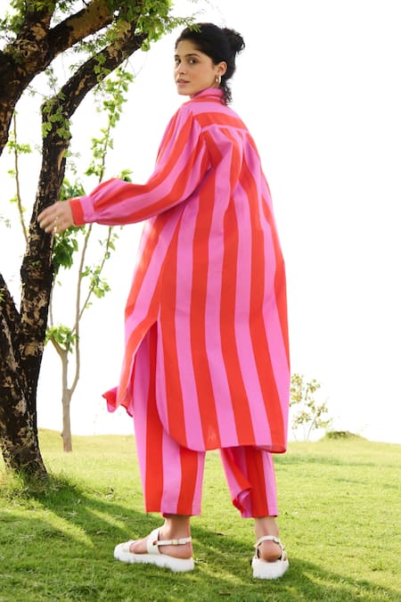 Shop RAAS LIFE Pink Linen, Cotton Collared Iris Bar Striped Long Tunic With Pant at Aza Fashions Shop_RAAS LIFE_Pink Linen, Cotton Collared Iris Bar Striped Long Tunic With Pant _at_Aza_Fashions