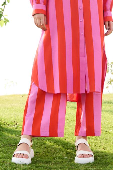 RAAS LIFE Pink Linen, Cotton Collared Iris Bar Striped Long Tunic With Pant Online at Aza Fashions RAAS LIFE_Pink Linen, Cotton Collared Iris Bar Striped Long Tunic With Pant _Online_at_Aza_Fashions