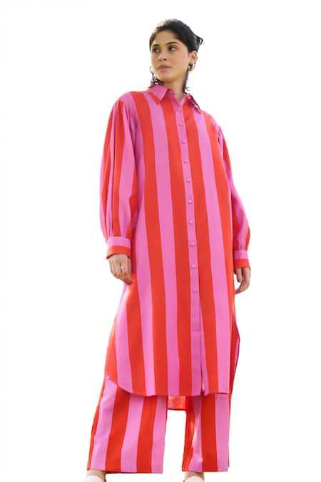 Buy RAAS LIFE Pink Linen, Cotton Collared Iris Bar Striped Long Tunic With Pant Online at Aza Fashions Buy_RAAS LIFE_Pink Linen, Cotton Collared Iris Bar Striped Long Tunic With Pant _Online_at_Aza_Fashions