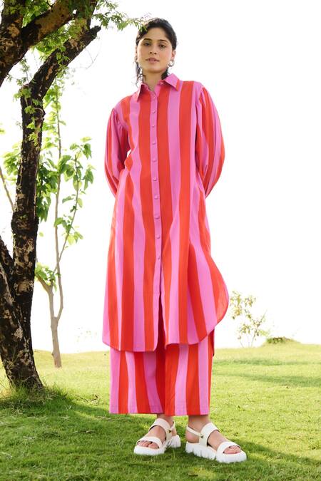 Shop RAAS LIFE Pink Linen, Cotton Collared Iris Bar Striped Long Tunic With Pant Online at Aza Fashions Shop_RAAS LIFE_Pink Linen, Cotton Collared Iris Bar Striped Long Tunic With Pant _Online_at_Aza_Fashions