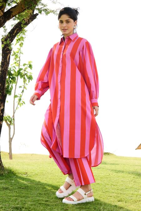 RAAS LIFE Pink Linen, Cotton Collared Iris Bar Striped Long Tunic With Pant at Aza Fashions RAAS LIFE_Pink Linen, Cotton Collared Iris Bar Striped Long Tunic With Pant _at_Aza_Fashions