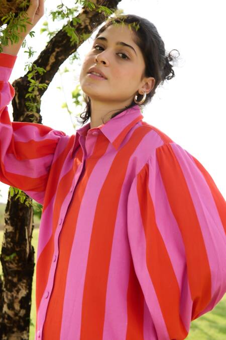 Buy RAAS LIFE Pink Linen, Cotton Collared Iris Bar Striped Long Tunic With Pant Buy_RAAS LIFE_Pink Linen, Cotton Collared Iris Bar Striped Long Tunic With Pant