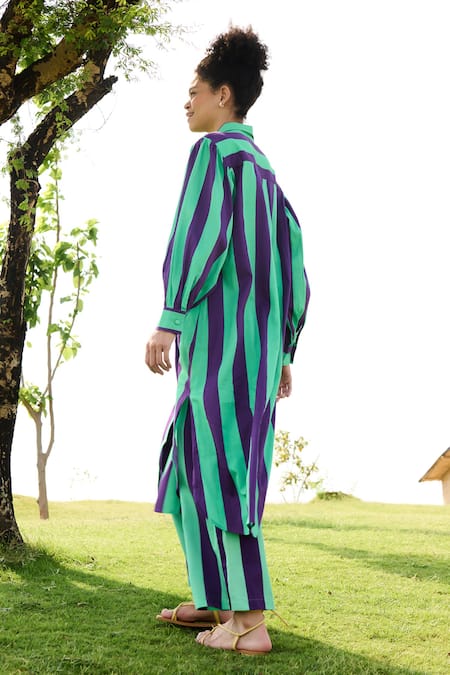Shop_RAAS LIFE_Purple Linen, Cotton Collared Iris Bar Stripe Long Tunic With Pant _at_Aza_Fashions