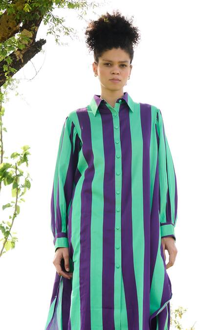 RAAS LIFE_Purple Linen, Cotton Collared Iris Bar Stripe Long Tunic With Pant _Online_at_Aza_Fashions