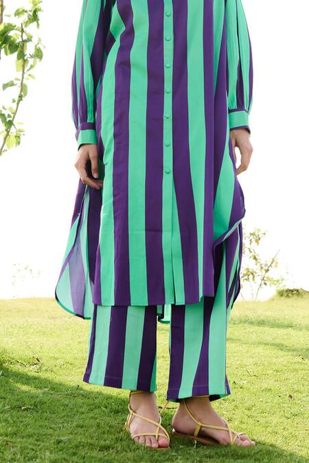 Buy_RAAS LIFE_Purple Linen, Cotton Collared Iris Bar Stripe Long Tunic With Pant _Online_at_Aza_Fashions