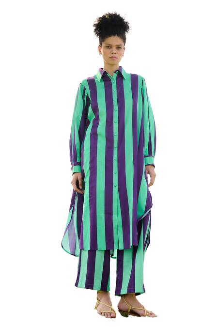 Shop_RAAS LIFE_Purple Linen, Cotton Collared Iris Bar Stripe Long Tunic With Pant _Online_at_Aza_Fashions