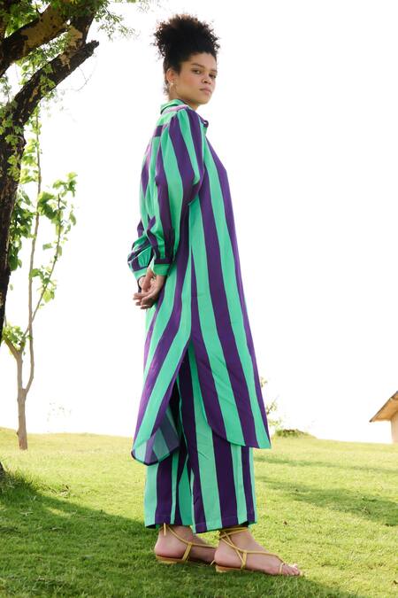 RAAS LIFE_Purple Linen, Cotton Collared Iris Bar Stripe Long Tunic With Pant _at_Aza_Fashions