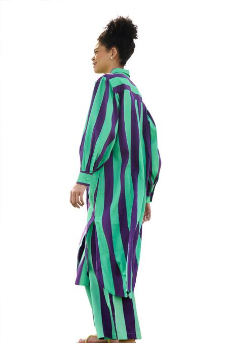 Buy_RAAS LIFE_Purple Linen, Cotton Collared Iris Bar Stripe Long Tunic With Pant 