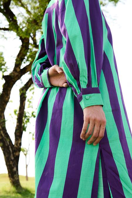 Shop_RAAS LIFE_Purple Linen, Cotton Collared Iris Bar Stripe Long Tunic With Pant 