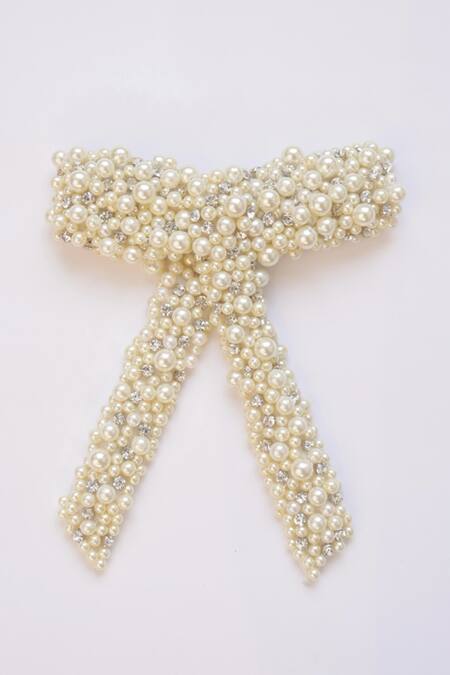 Floristaa By Mahek_White Pearls, Stones Sophie Embellished Bow - Single Pc _Online_at_Aza_Fashions