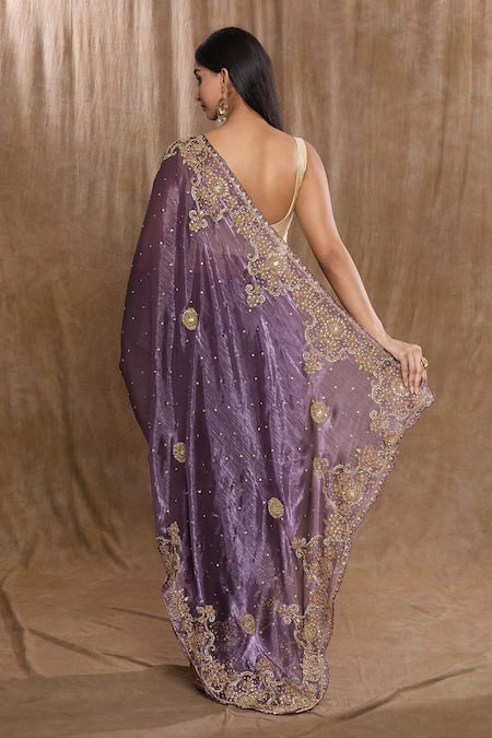 Shop Naintara Bajaj Purple Silk Sequins, Beads Floral Hand Embroidered Saree With Running Blouse at Aza Fashions Shop_Naintara Bajaj_Purple Silk Sequins, Beads Floral Hand Embroidered Saree With Running Blouse _at_Aza_Fashions