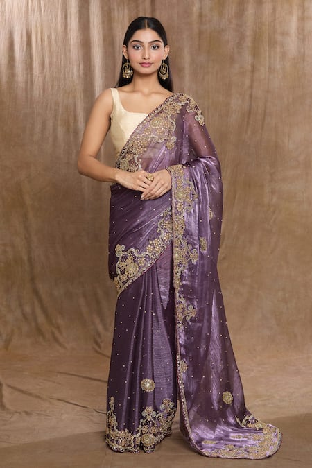 Buy Naintara Bajaj Purple Silk Sequins, Beads Floral Hand Embroidered Saree With Running Blouse Online at Aza Fashions Buy_Naintara Bajaj_Purple Silk Sequins, Beads Floral Hand Embroidered Saree With Running Blouse _Online_at_Aza_Fashions