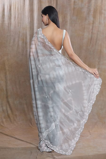 Shop_Naintara Bajaj_Gray Tissue Sequins Hand Embroidered Grey Saree _at_Aza_Fashions