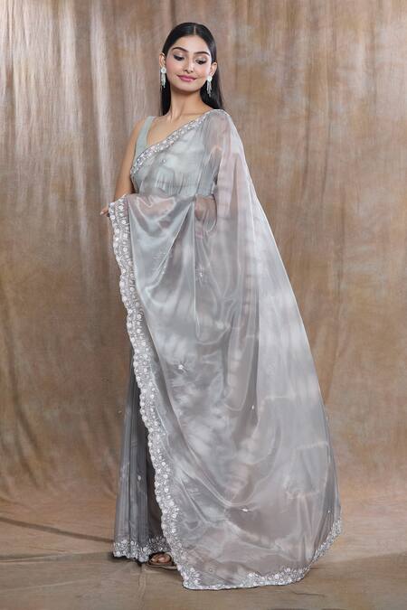 Buy_Naintara Bajaj_Gray Tissue Sequins Hand Embroidered Grey Saree _Online_at_Aza_Fashions