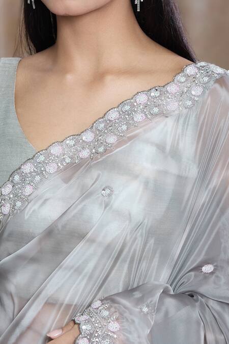 Naintara Bajaj_Gray Tissue Sequins Hand Embroidered Grey Saree _at_Aza_Fashions