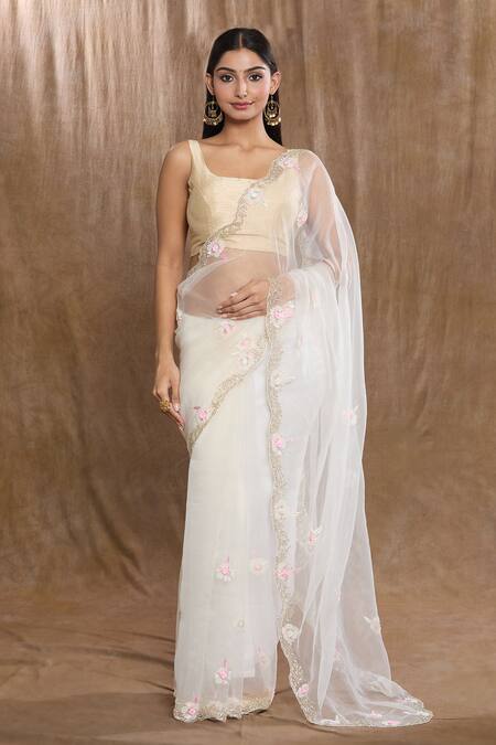 Samyukta Singhania_Off White Tissue, Silk Sequins, Beads Floral Hand Embroidered Saree_Online_at_Aza_Fashions