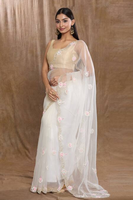 Buy_Samyukta Singhania_Off White Tissue, Silk Sequins, Beads Floral Hand Embroidered Saree_Online_at_Aza_Fashions