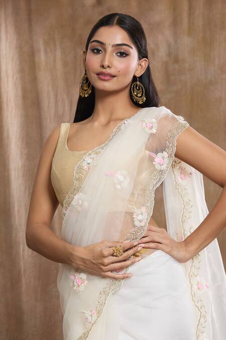 Samyukta Singhania_Off White Tissue, Silk Sequins, Beads Floral Hand Embroidered Saree_at_Aza_Fashions