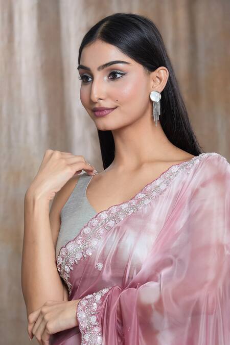 Shop_Samyukta Singhania_Peach Tissue Sequins, Beads Tie-dyed And Embroidered Saree With Running Blouse_Online_at_Aza_Fashions