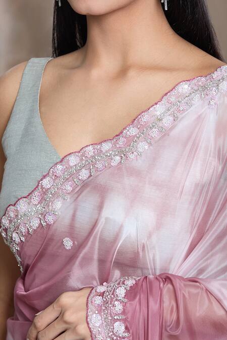 Samyukta Singhania_Peach Tissue Sequins, Beads Tie-dyed And Embroidered Saree With Running Blouse_at_Aza_Fashions