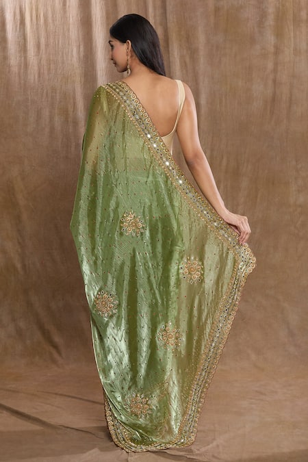 Naintara Bajaj_Green Silk Beads, Stones, Mirrors Hand Work Saree With Running Blouse _Online_at_Aza_Fashions