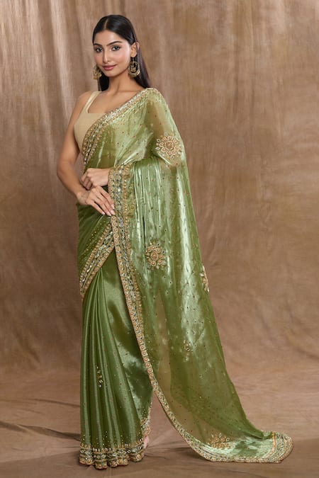 Shop_Naintara Bajaj_Green Silk Beads, Stones, Mirrors Hand Work Saree With Running Blouse _Online_at_Aza_Fashions