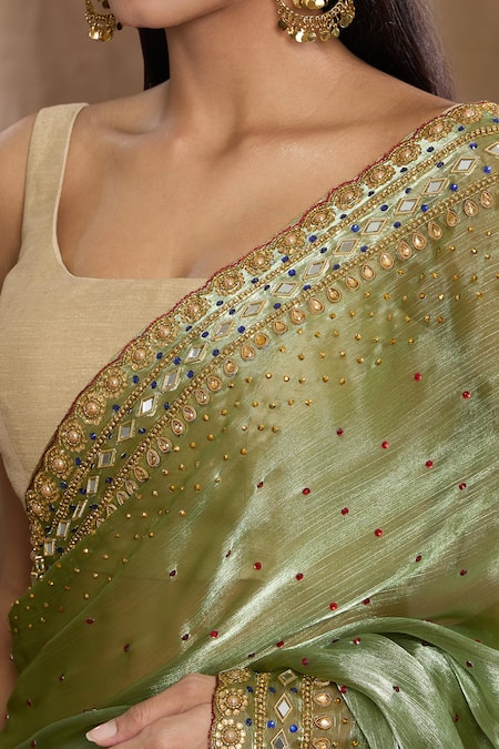 Buy_Naintara Bajaj_Green Silk Beads, Stones, Mirrors Hand Work Saree With Running Blouse 
