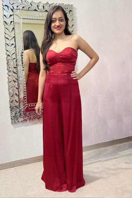 Sanjana Thakur_Wine Jumpsuit Satin Hand Embroidered Cape Floral Sheer And Set For Kids_at_Aza_Fashions