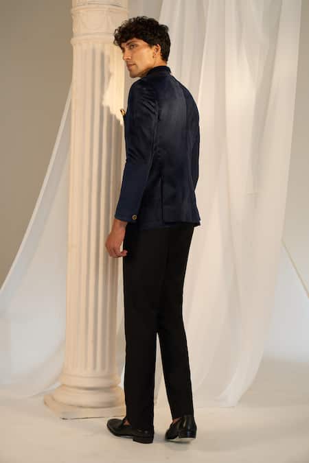 Soniya G X AZA_Blue Velvet Carved Buttons Bandhgala With Pant _Online_at_Aza_Fashions