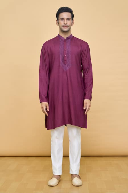 Soniya G X AZA_Wine Handloom Cotton, Chanderi Sequins Hand Work Embellished Jacket Kurta Set _Online_at_Aza_Fashions