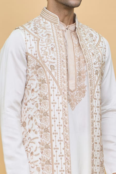Shop Soniya G Cream Handloom Cotton Embroidery Floral Jaal Nehru Jacket Set Online at Aza Fashions Shop_Soniya G_Cream Handloom Cotton Embroidery Floral Jaal Nehru Jacket Set_Online_at_Aza_Fashions