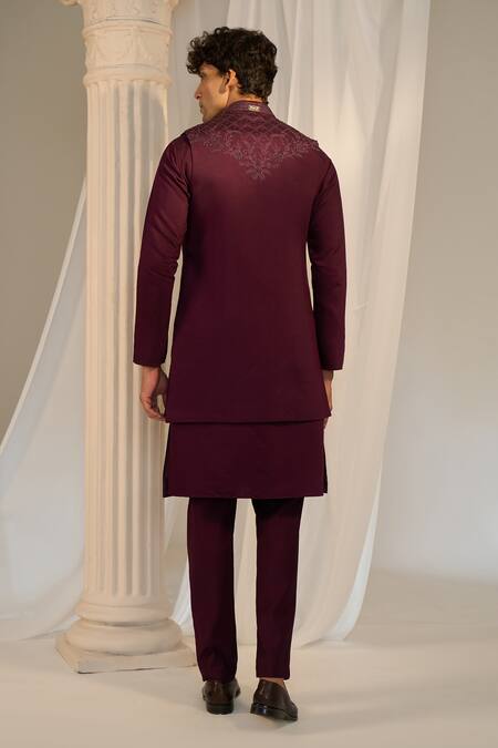 Shop_Soniya G_Wine Handloom Cotton Embroidery, Beads Thread Nehru Jacket Set_at_Aza_Fashions