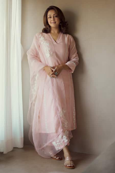 Devnaagri Pink Chanderi And Organza Embroidered Flower Block Print Kurta Pant Set 