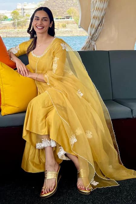 Buy_Devnaagri_Yellow Cotton, Organza, Embroidery Round Neck Anarkali Palazzo Set 