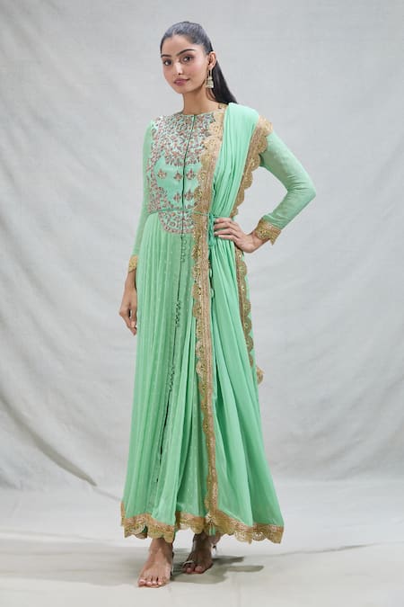 Shyam Narayan Prasad Green Embroidered Floral Round Anarkali Set 